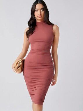 Floerns Rusty Rose Ruched Bodycon Midi Dress – Size Small